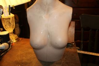 Vintage 1950 ' s Mannequin Bust Chest Head Real Glass Eyes Wood Base Fiberglass 3