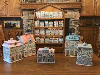 Lenox Spice Village Canisters (4),  Recipe Box (1),  Spice Houses (24) & Display