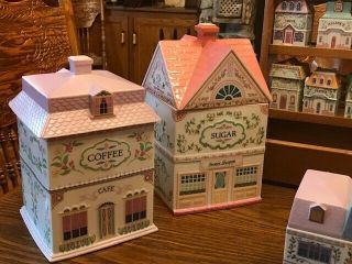 Lenox Spice Village Canisters (4),  Recipe Box (1),  Spice houses (24) & Display 3