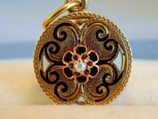 Victorian 14k Gold Enamel Seed Pearl Etched Mother Bird Nest & Flower Pendant