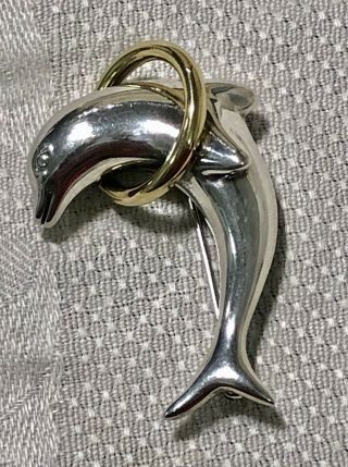 Vintage Tiffany & Co Sterling Silver & 18k Yellow Gold Pin Dolphin Hoop 925 750