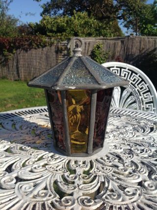 Vintage Octagon Leaded Stain Glass Porch Outside Lamp / Lantern 9 " High
