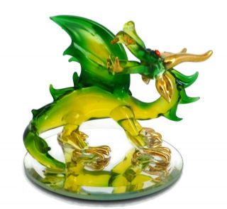 Glass Dragon Figurine Green Gold In Opened Box