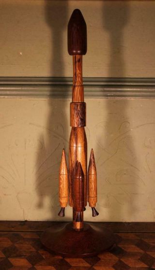 Vintage Carved Wooden Ariane 4 Space Rocket Ship Model Desk Sculpture Mcm Look