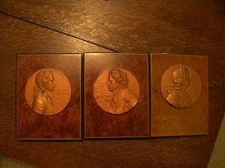 Vintage Set Of (3) Copper?brass?metal On Wood Bach Beethoven Mozart Desk Plaques