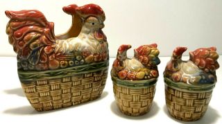 Ceramic Chicken Rooster Hen In Basket Salt Pepper Shaker & Napkin Holder Set