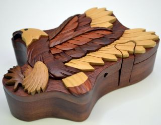 Wooden Puzzle Box Intarsia Eagle Lid Secret Box Inside Hand Carved Bird Trinkets