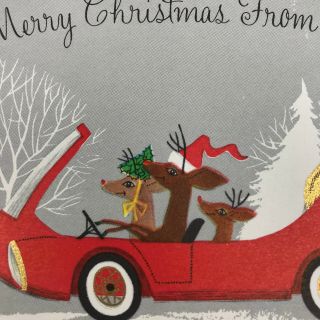 Vintage Mid Century Christmas Greeting Card Anthropomorphic Reindeer Driving Car