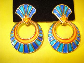 Crown Trifari,  Egyptian Revival Earrings,  Turquoise,  Orange,  Blue Enamel,  Gold Tone