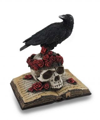 Perched Raven On Skull Open Book W/ Roses Sculpture Well - Made Great Gift