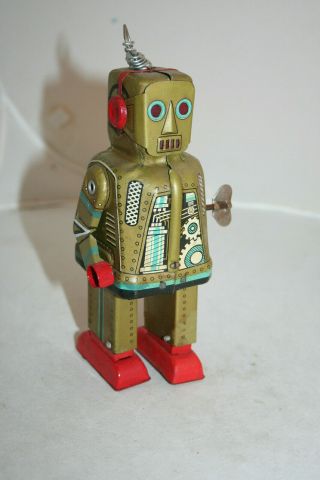 Vintage Tin Toy Space Sparky Gold Robot By Yoshiya Japan