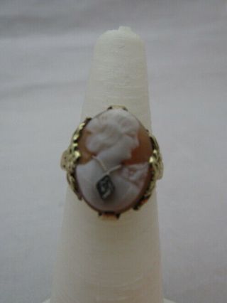Estate Womens Natural Shell Cameo Ring 14 Kt Diamond Exquisite (b)