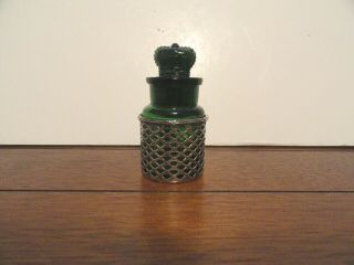 Vintage Cp Co Green Glass Perfume Bottle With Sterling Silver Holder