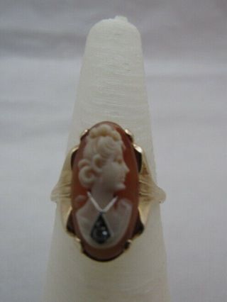 Estate Womens Natural Shell Cameo Ring 14 Kt Diamond Exquisite