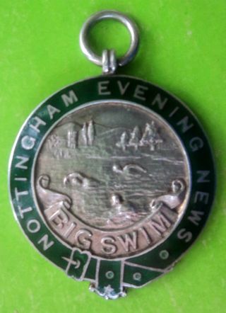 Silver Enamel Swimming Medal / Fob - 1931 Nottingham Evening News - Big Swim