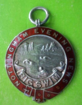 Silver Enamel Swimming Medal / Fob - 1930 Nottingham Evening News - Big Swim