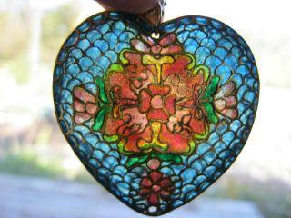 Very Fine Gorgeous Huge Puffy Stained Glass Plique A Jour Heart Pendant Necklace