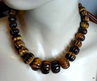Carved Tiger Eye Graduated Bead Heavy Hand Knotted Statement Necklace
