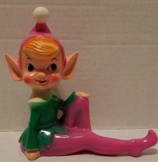 Large Vintage Pixie Elf Pink Green Ceramic Christmas Garden Gnome