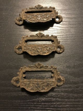 Great Set Of 3 Antique Cast Iron Drawer - Bin Pulls,  Worn Black Paint