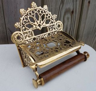 Victorian Style Toilet Roll Holder Solid Brass With Wooden Loop