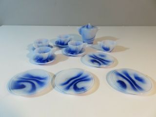 Vintage Akro Agate Blue/white Swirl Small Child’s Dishes Tea Set Of 15 Exc.