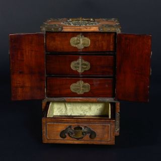 Vintage Chinese Wood Jewelry Box with Brass & Jade Accents 8.  25 