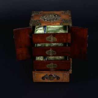 Vintage Chinese Wood Jewelry Box with Brass & Jade Accents 8.  25 