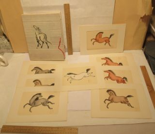 8 Woodblock Style Oriental Horse Prints - With Folder - Estate Find