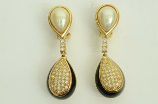 Auth Dior Vintage Earrings Gold Plated Faux Pearl Rhinestone Christian Clip On