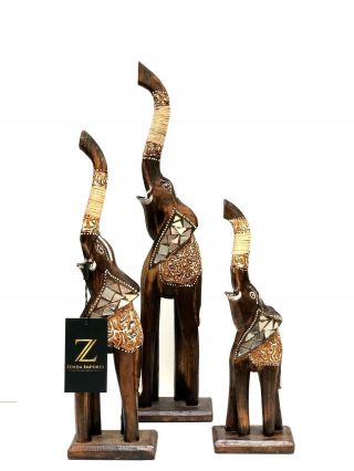 Elephant Figurine Statue Set Of 3 Wood Hand Carved With Glass And Straw Detail