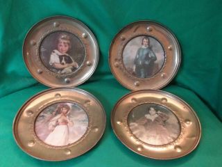(england) 4 Pc.  Set Of Vintage Brass Plates 5 - 1/2  Early Living " Scenes