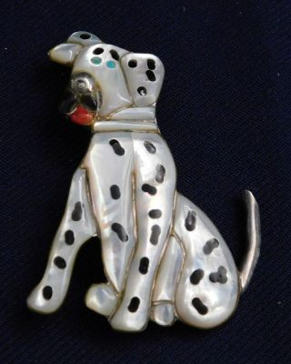 Zuni R.  I.  Sterling Multi Stone Inlay Handmade Vintage Dalmatian Dog Pin Pendant
