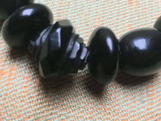 An Antique Victorian Plain & Carved Fancy Whitby Jet Bead Necklace 19 3/4 
