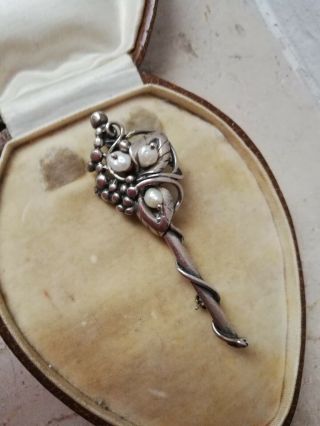 C1930 Arts And Crafts Silver And Pearls Calla Lily,  Leaves And Berries Brooch