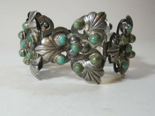 Early Vintage Mexican Silver & Turquoise Bracelet Very Ornate Design 79 Gram