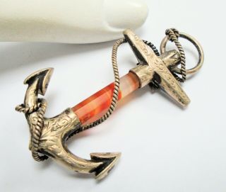Fine Large Antique Victorian Scottish Sterling Silver & Carnelian Anchor Brooch