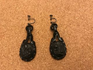 Victorian Handed Carved Whitby Jet Drop Earrings With Silver Screw Fittings