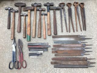 Old Vintage Tools 36 Pc Nippers Files Hammers Chisels Punches Blacksmith