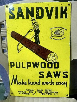 Sandvik Pulpwood Saws Porcelain Enamel Sign 18x12 Inches Single Sided