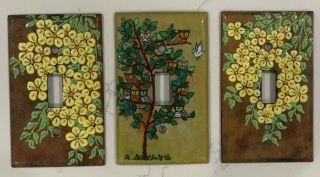Vintage Enamel Handpainted Light Switch Covers Set Of 3 Owls Flowers Coll