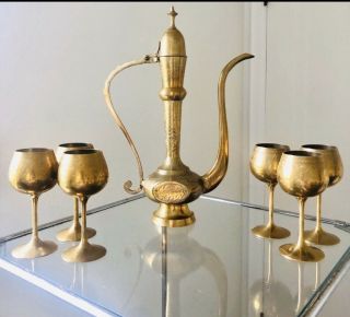 Vintage Brass Moroccan Pitcher And Stem Glasses