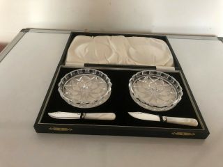 Cased Cut Glass Butter Dishes & Mother Of Pearl & Silver Plated Spreader