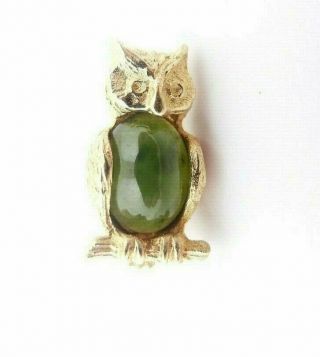 Vintage 14k Yellow Gold Owl On Branch Lapel Brooch Pin With Green Jade 1/2 "