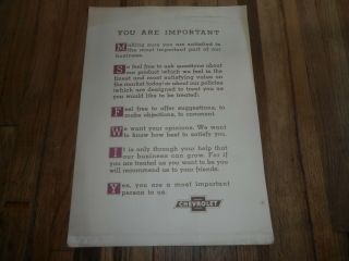 Vintage Chevrolet Chevy Auto Dealer Advertising Poster You Are Important Sign
