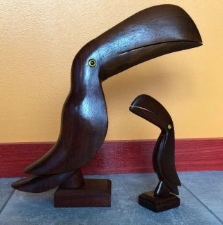 Hand Carved Wood Toucan Bird Wooden Statue Folk Art Sculpture Figurine Set Of 2