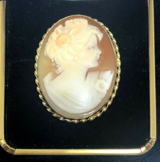 Signed 14k Solid Yellow Gold Italy & Cameo Pin Brooch Or Pendant