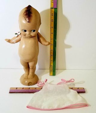 Antique Carnival 12 " Chalkware Kewpie Doll,  Right Arm Repaired,  Hand Sewn Dress