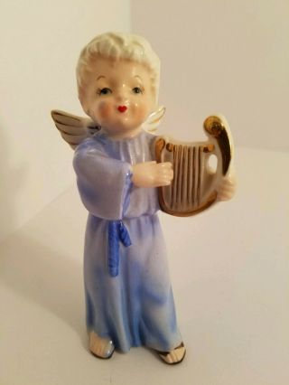 Vintage Ucagco Cherub Angel Figurine Playing Harp Blue Robe