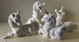 Set Of 4 Vintage Unicorn White Porcelain Figurines Laying Sitting